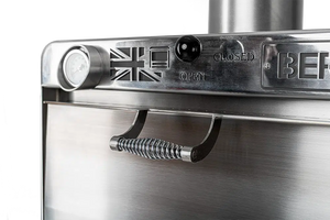 Detail of Bertha Professional X Charcoal Oven for Compact Cooking featuring ergonomic handle and stainless steel control panel.