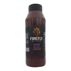 Large plastic bottle of Firefly Black Truffle BBQ Sauce, perfect for frequent use in grilling meats, seafood, and vegetarian dishes.