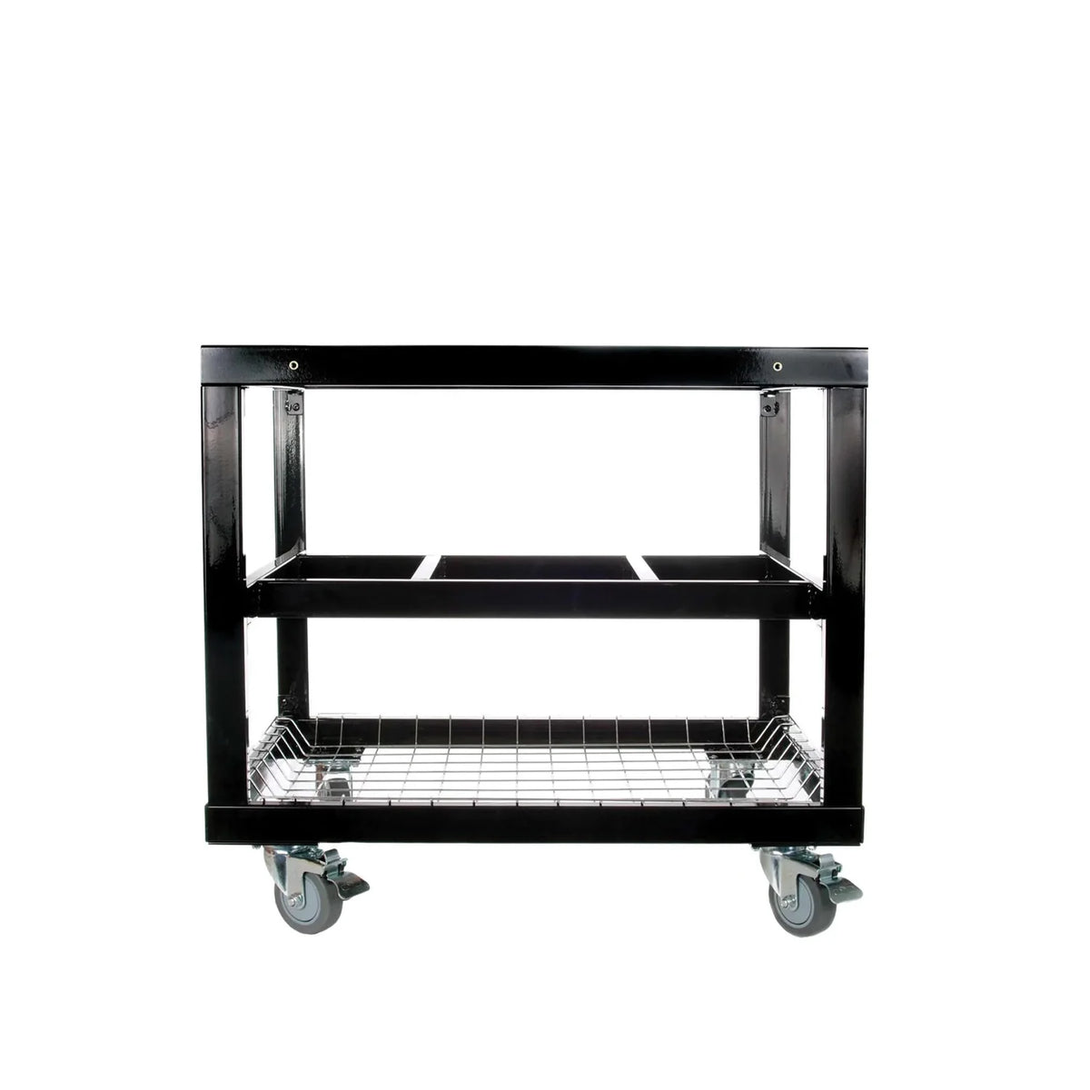 Black outdoor grill cart with stainless steel shelves and caster wheels
