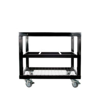 Black outdoor grill cart with stainless steel shelves and caster wheels