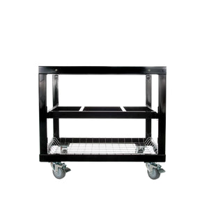 Black outdoor grill cart with stainless steel shelves and caster wheels