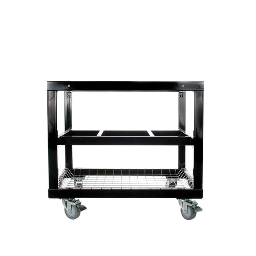 Black outdoor grill cart with stainless steel shelves and caster wheels