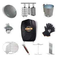 Grill tools and accessories for Pit Barrel cooker including hooks, gloves, and cover