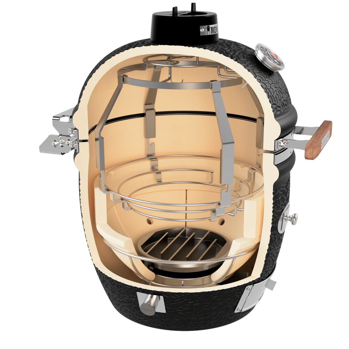 Monolith outdoor grill with internal heating chamber and metal cooking grate