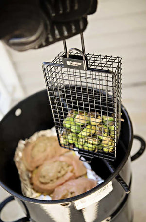 Pit Barrel 3-Hanger Value Pack - FireFly Barbecue basket hanger in use inside Pit Barrel Cooker with vegetables. Perfect for smoking sides alongside meats.