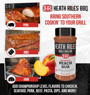 Promotional image of Heath Riles BBQ Peach Rub – 453g (16 oz) with serving suggestions for pork, ribs, and ham, ideal for Southern-style grilling.
