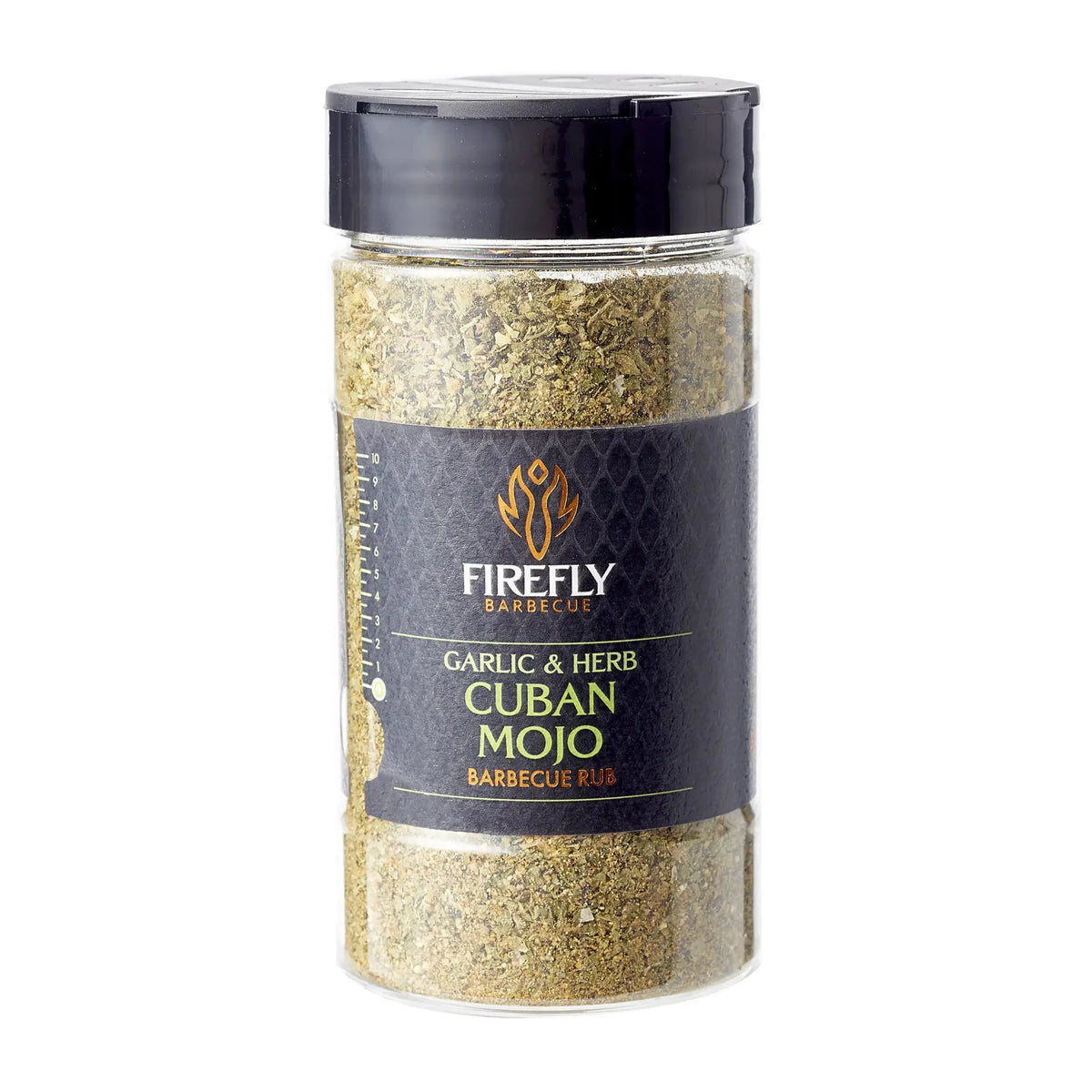 Cuban Mojo BBQ rub from the BBQ Herby Legend gift set, a garlic and herb sugar-free blend in a transparent spice container.
