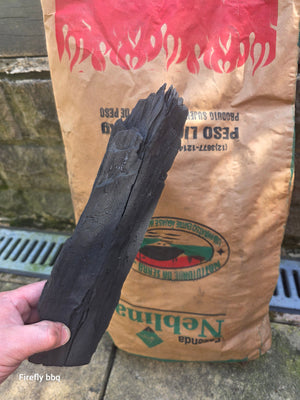 A hand holding a dark charcoal briquette in front of a brown paper bag of Nebina brand barbecue coals, set against a stone wall background.