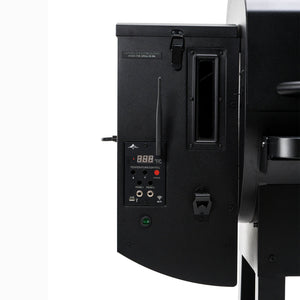 Close-up of LEDGE PRIME 2.0 Pellet Grill digital control panel with temperature settings, WiFi connectivity, and probe inputs for precision grilling.