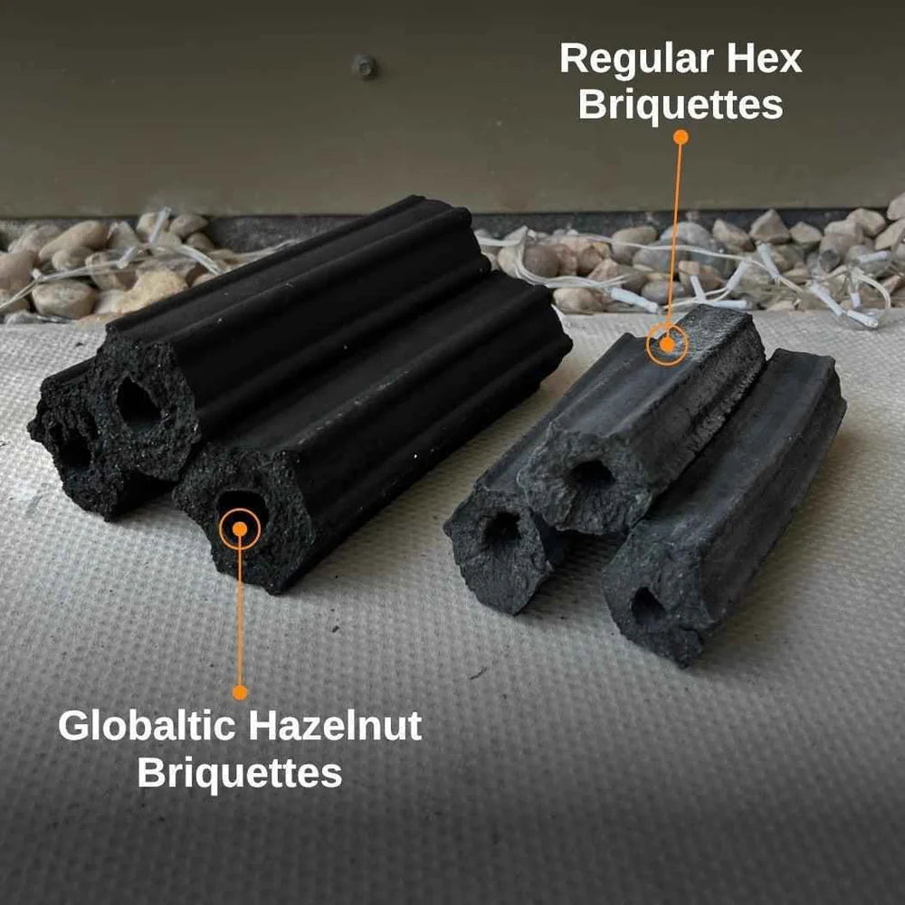 Eco-friendly hazelnut shell briquettes with sustainability icons and plant background
