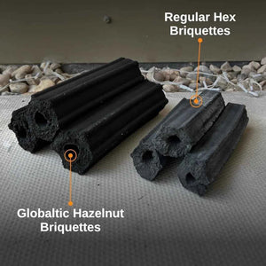 Eco-friendly hazelnut shell briquettes with sustainability icons and plant background