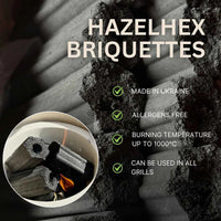 Close-up of black hazelnut shell charcoal briquettes for grilling
