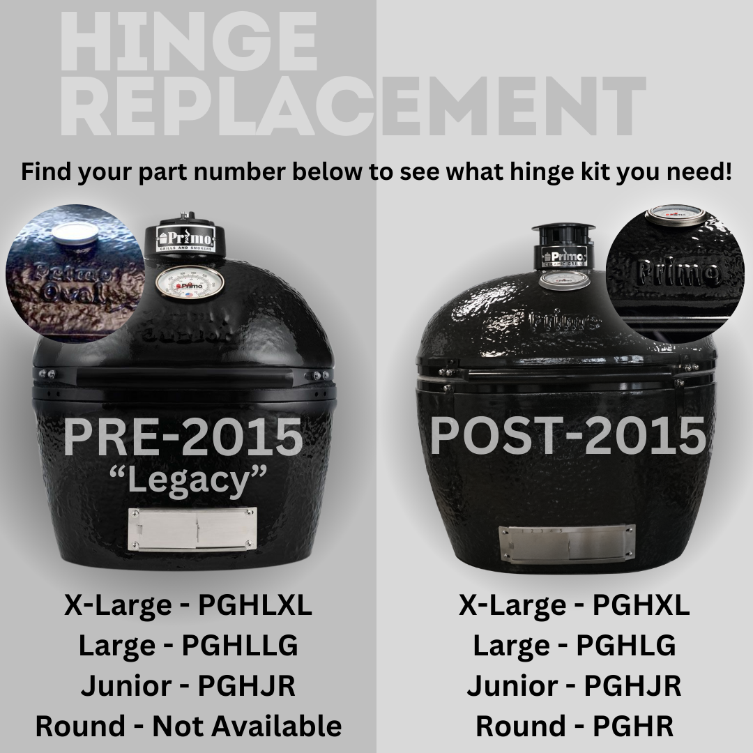 Hinge replacement guide for Primo grills with images of pre-2015 and post-2015 models