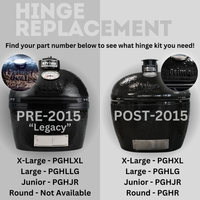 Hinge replacement guide for Primo grills with images of pre-2015 and post-2015 models