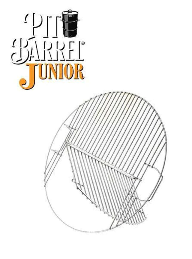 Illustration of Pit Barrel Junior Hinged Grate showing angled fold-out section for simultaneous grilling and hanging in compact smokers.