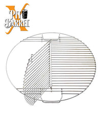 Pit Barrel Hinged Grate X model with logo, highlighting its unique design for flexible grilling and smoking in outdoor cookers.