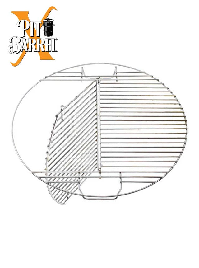 Pit Barrel Hinged Grate X model with logo, highlighting its unique design for flexible grilling and smoking in outdoor cookers.