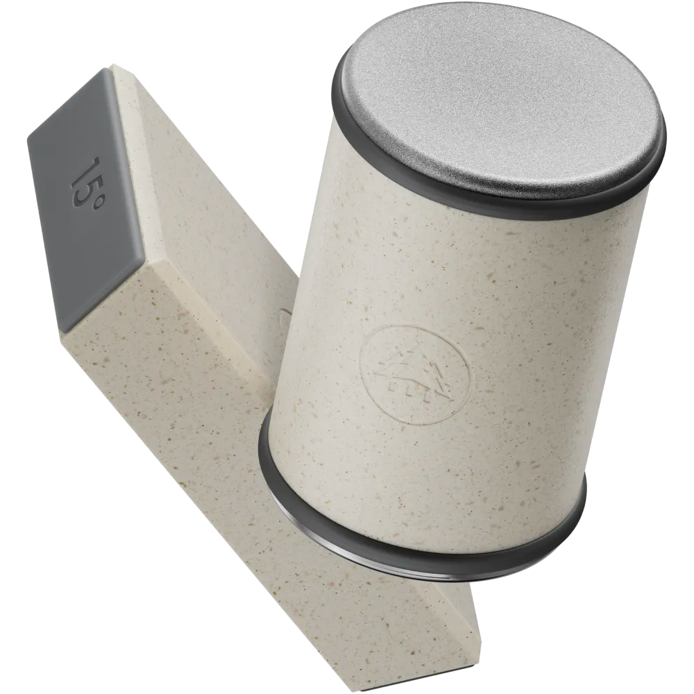 HORL 3 Cruise Knife Sharpener shown with 15° angle block, highlighting its compact, eco-friendly build and dual sharpening surfaces.