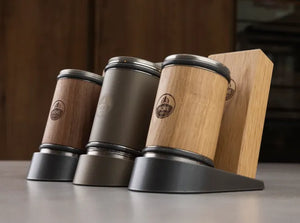 Horl Dock knife sharpener with wooden accents on kitchen countertop
