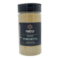 Italian Porchetta BBQ rub from the BBQ Herby Legend gift set, a sugar-free seasoning blend in a clear spice jar.