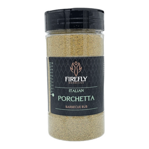 Italian Porchetta BBQ rub from the BBQ Herby Legend gift set, a sugar-free seasoning blend in a clear spice jar.