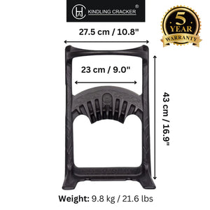 Kindling Cracker King Pack with Hammer dimensions shown: 43 cm tall, 27.5 cm wide, and 9.8 kg weight, highlighting its sturdy cast iron build.