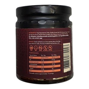 Back label of Korean Chilli Crunch hot sauce jar showing ingredients like Korean red chili, sesame, and wakame, plus nutritional info.