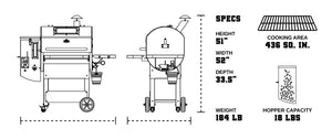 Technical diagram of Green Mountain Grills LEDGE PRIME 2.0 Pellet Grill showing dimensions, cooking area, weight, and hopper capacity.