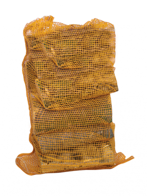 Big K British Oak Logs in a durable orange mesh sack, ideal for long-lasting firewood use in pizza ovens or fire pits.