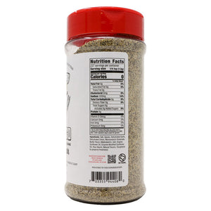 Side view of Meat Church ‘Blanco’ Seasoning 340g displaying detailed nutrition facts and ingredients for health-conscious BBQ enthusiasts.