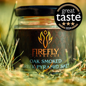 Award-winning Oak Smoked Greek Pyramid Salt jar by Firefly BBQ with Great Taste 2024 badge, perfect for premium seasoning needs.