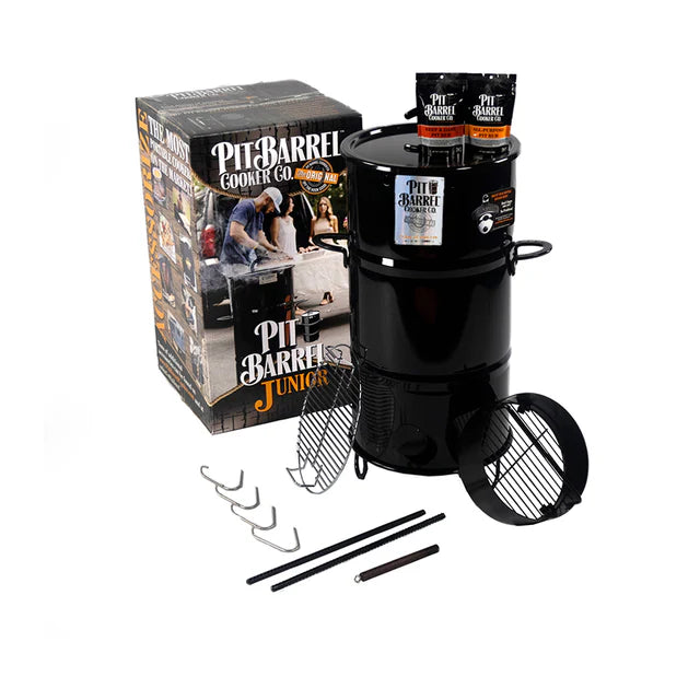 Pit Barrel Junior Smoker Grill with accessories and packaging