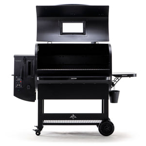 Front view of Green Mountain Grills PEAK PRIME 2.0 Pellet Grill with open lid, showing dual grill racks and large cooking chamber.