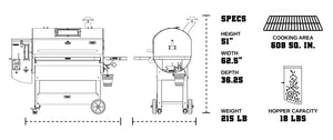 Technical diagram of Green Mountain Grills PEAK PRIME 2.0 Pellet Grill showing dimensions, cooking area, and hopper capacity.