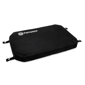 Single black Petromax Seat Cushion for Cool Box with logo and corner loops, designed for outdoor use.