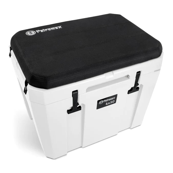Petromax cool box with black seat cushion, outdoor camping gear