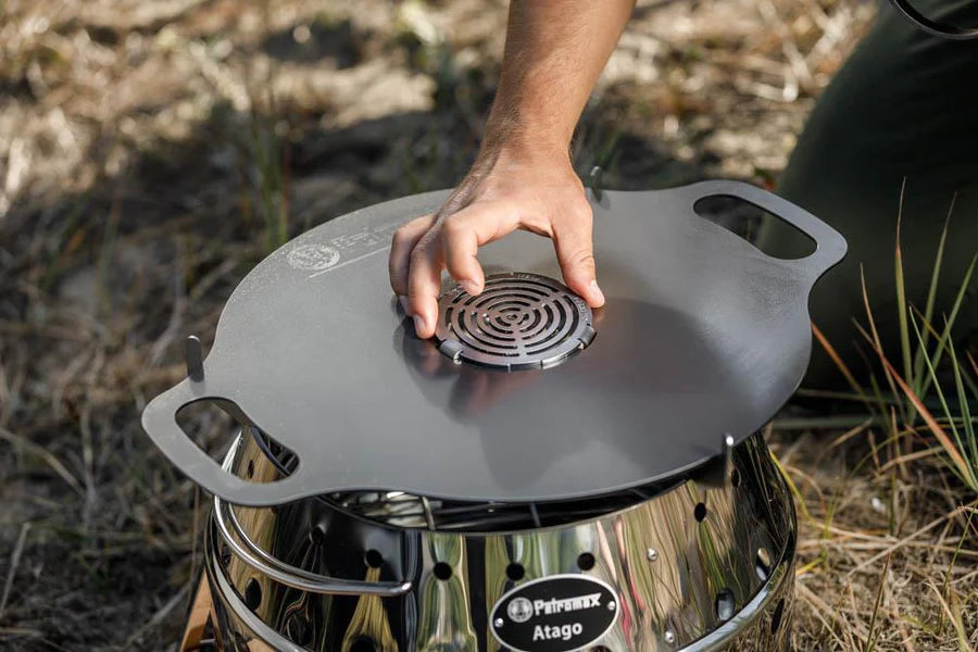 Grill insert on Atago griddle, outdoor cooking accessory