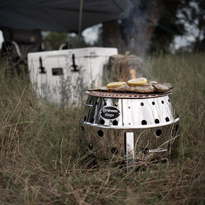 Petromax Atago BBQ grill cooking fish with lemon slices in a grassy outdoor setting, highlighting its multifunctional design.