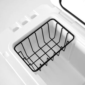 Top view of Petromax Dry Rack Basket fitted in a white cool box, showing its snug fit and efficient use of space.
