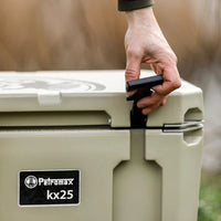 Close-up of hand locking Petromax 25L Cool Box lid