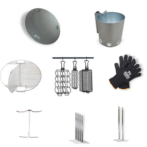 Pit Barrel PBX Choice Package accessories set with chimney starter, gloves, skewers, hanging rods, and grill racks for versatile BBQ cooking.