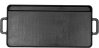 A black cast iron griddle or flat pan with two side handles, shown from a top-down perspective on a white background.