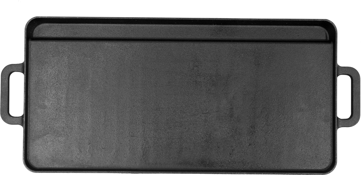 A black cast iron griddle or flat pan with two side handles, shown from a top-down perspective on a white background.
