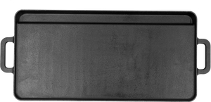 A black cast iron griddle or flat pan with two side handles, shown from a top-down perspective on a white background.