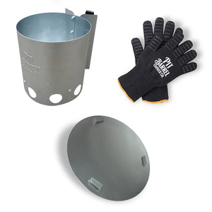 Pit Barrel PBX accessories including charcoal chimney starter, heat deflector plate, and heat-resistant gloves for hassle-free outdoor grilling.