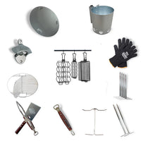 Accessories for Pit Barrel Cooker including lid, hooks, gloves, and grilling tools