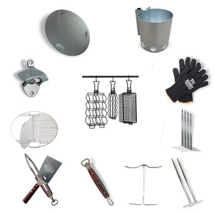 Complete accessory set for Pit Barrel Cooker Prime Package - 22.5" PBX featuring gloves, skewers, chimney starter, and hanging racks for grilling.