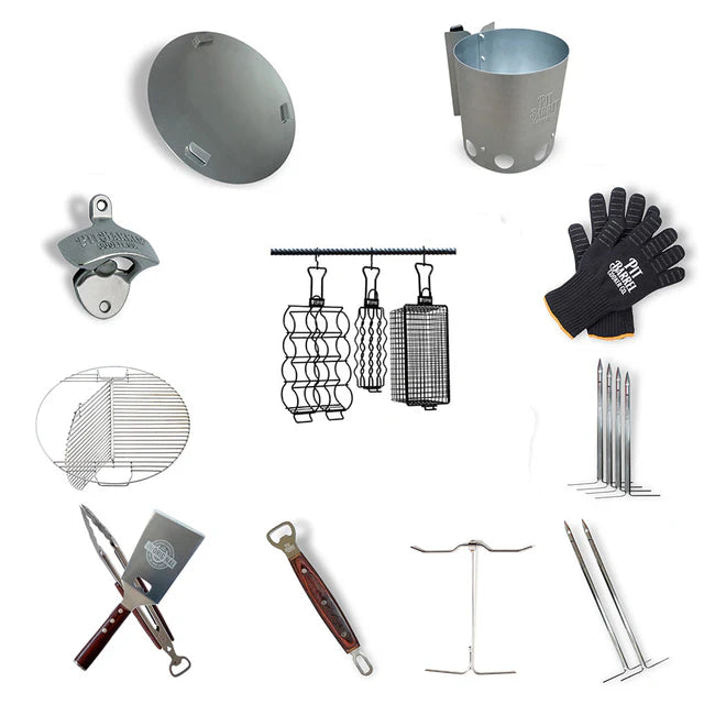 Accessories for Pit Barrel Cooker including lid, hooks, gloves, and grilling tools