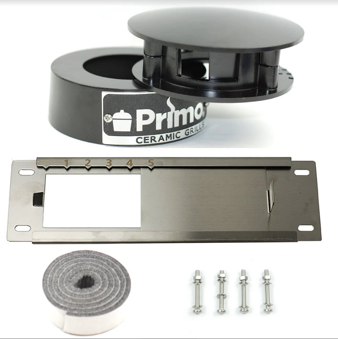 Primo ceramic grill air control upgrade kit with damper, mounting plate, and screws