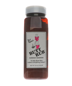 Side view of Bad Byron's Butt Rub BBQ seasoning bottle with label and white cap